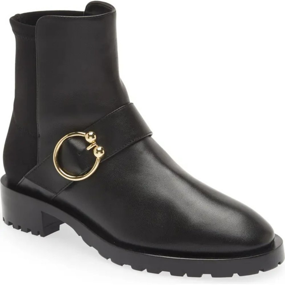 Stuart Weitzman LUXERING 5050 BOOT BLACK LEATHER LUG SOLE GOLD 9 (P17)